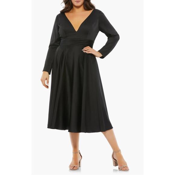 Mac Duggal Satin Long Sleeve Fit and Flare Midi Cocktail Dress Black Size 20W - Picture 12 of 13